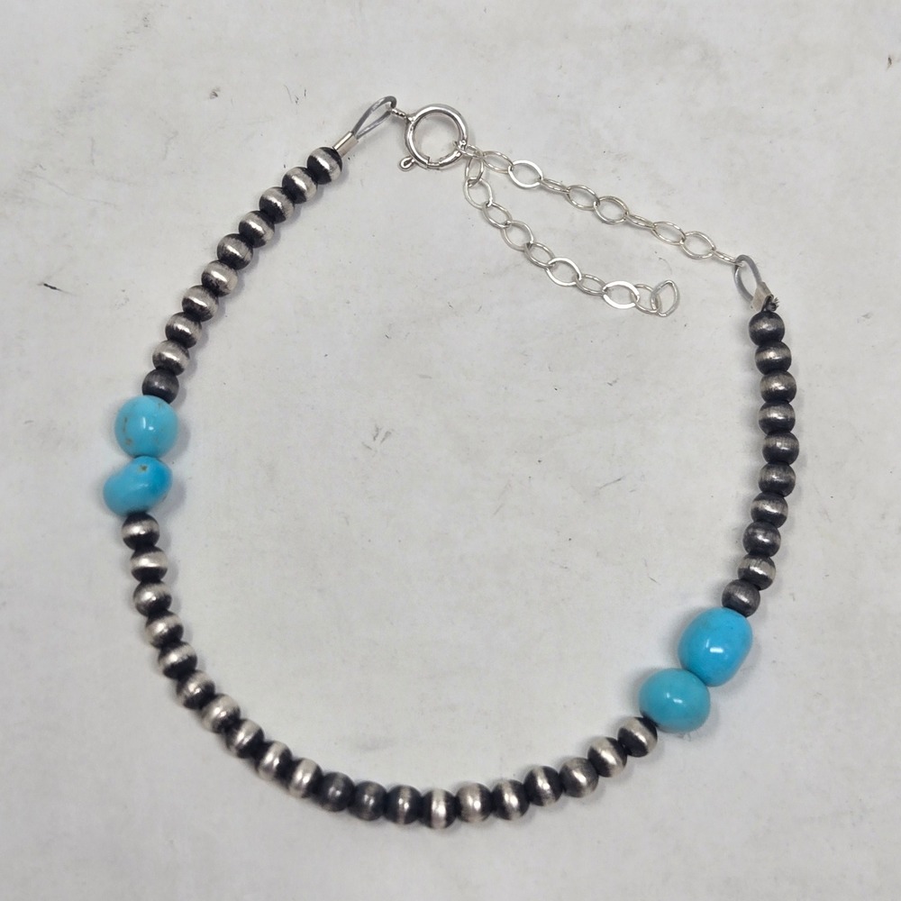 Sterling Silver Navajo Pearl Turquoise Beaded Bracelet Adjustable 925 6.5-7.75in